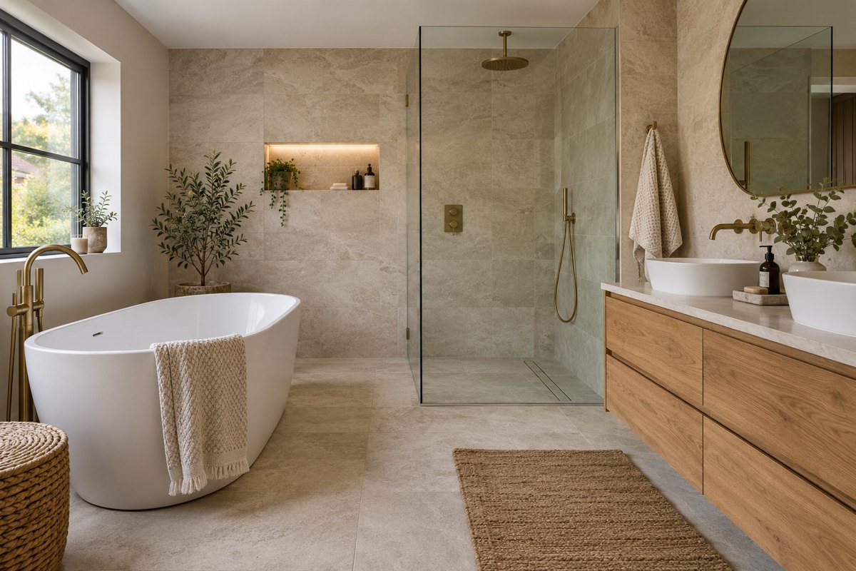 Contemporary bathroom used to illustrate a bathroom advertising concept